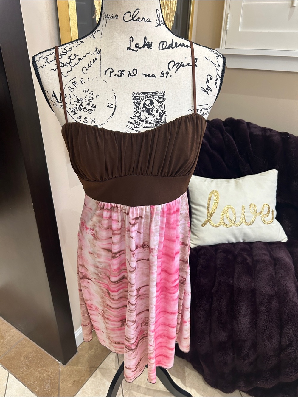Trixxi Brown Bodice Pink Marble Mini Dress